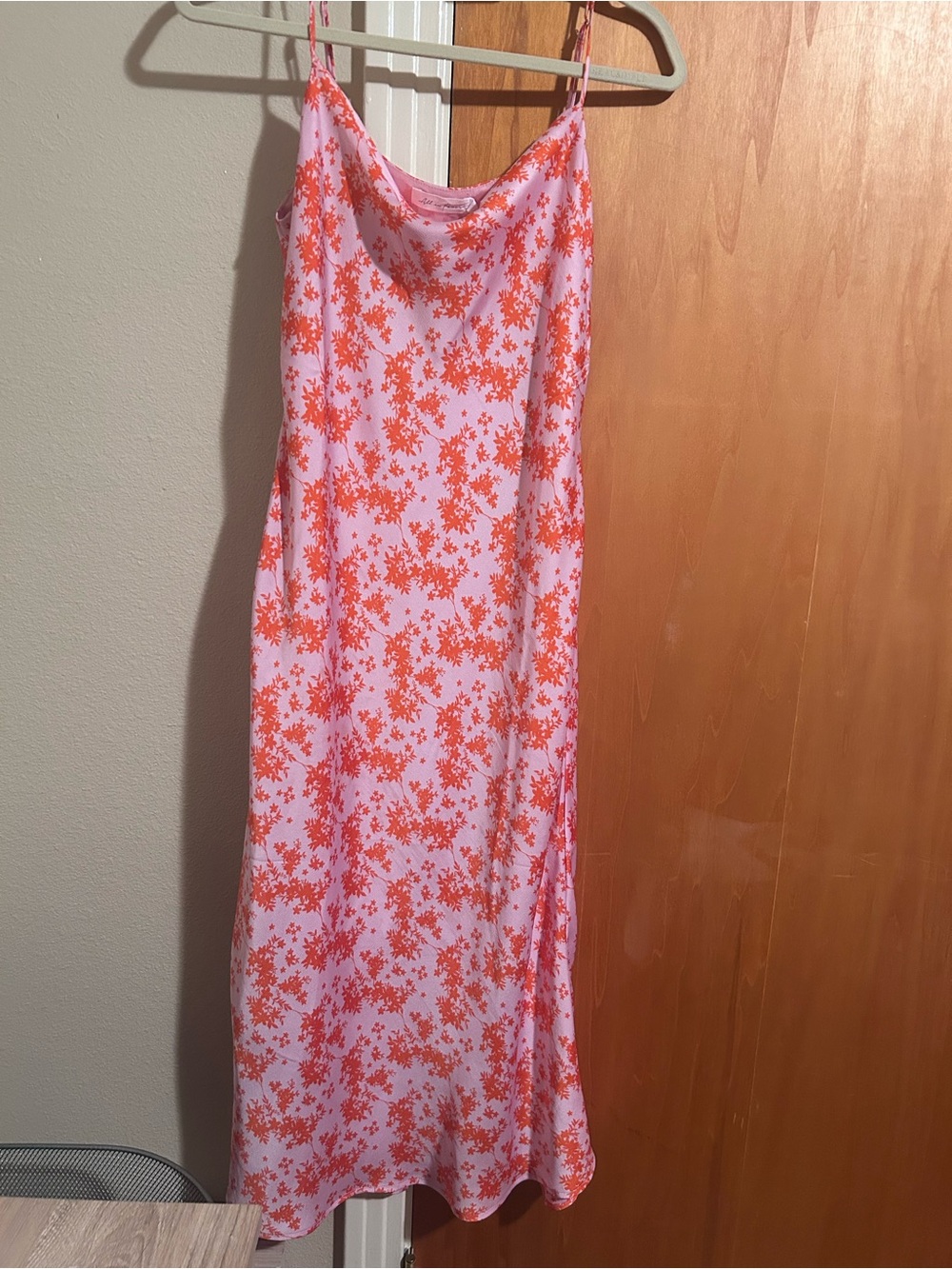 All in Favor Pink Slip Dress with Orange Floral Print-Small